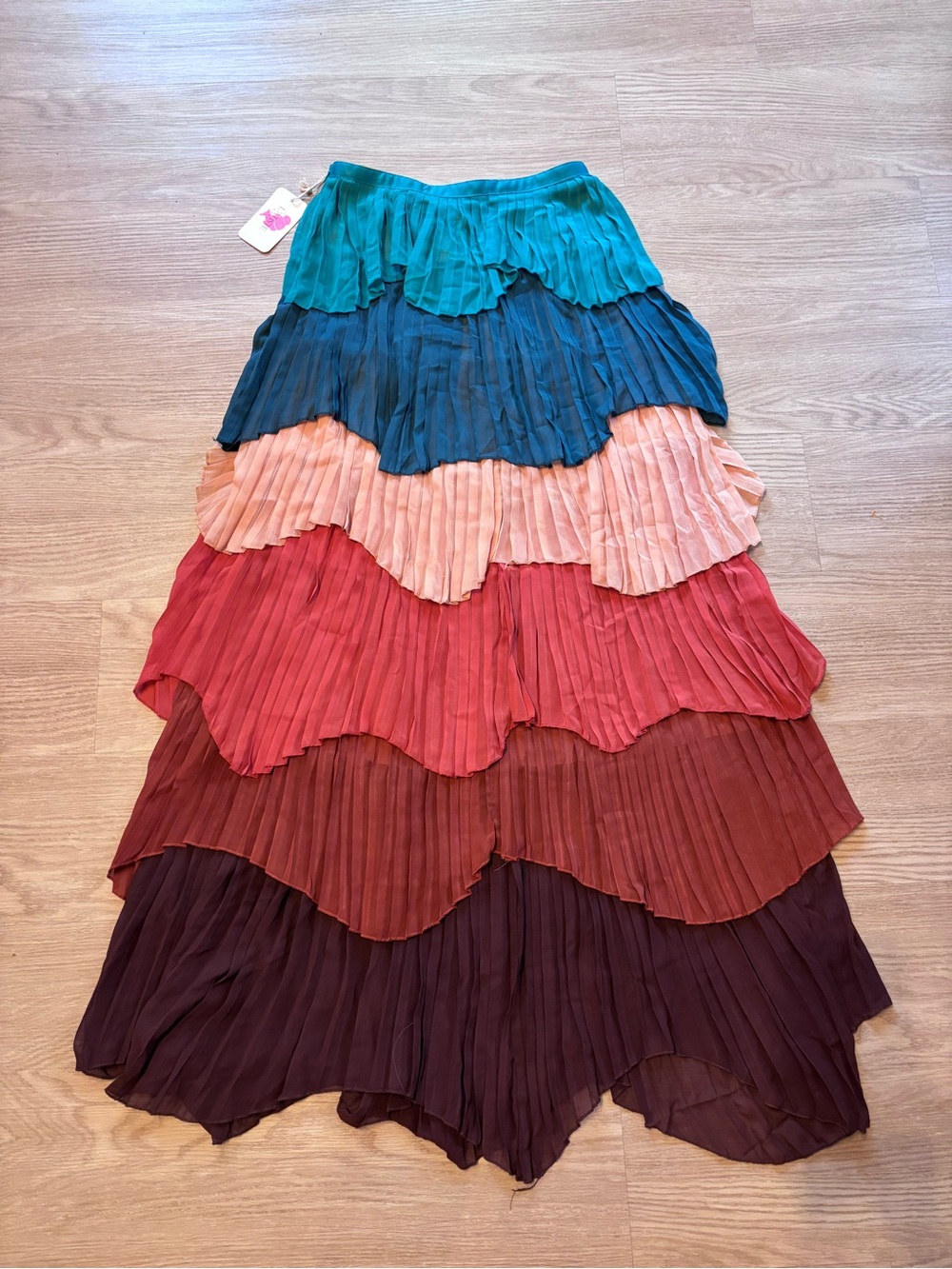 NWT L’Atiste by Amy Women’s M Pleated Tiered Ruffle Boho Maxi Skirt Color Block